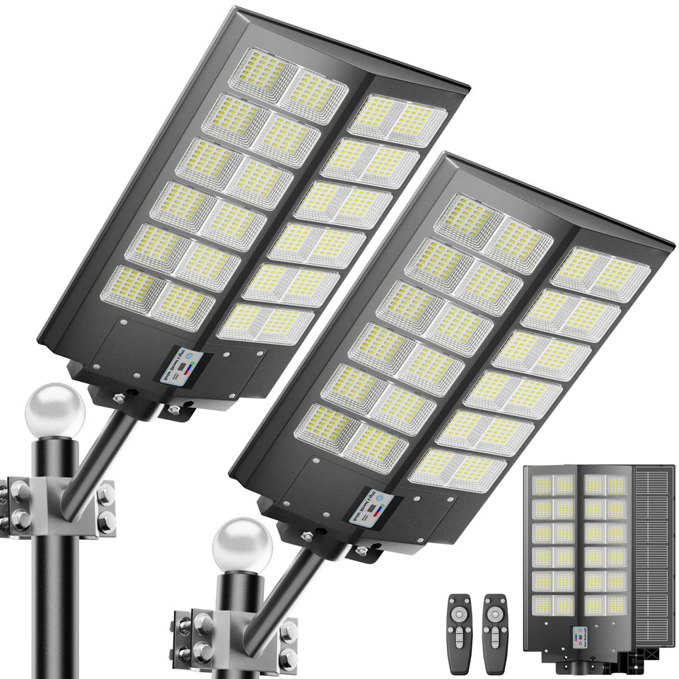 Jadisi 2-pack solar street light 9000W for ultra-bright outdoor illumination.