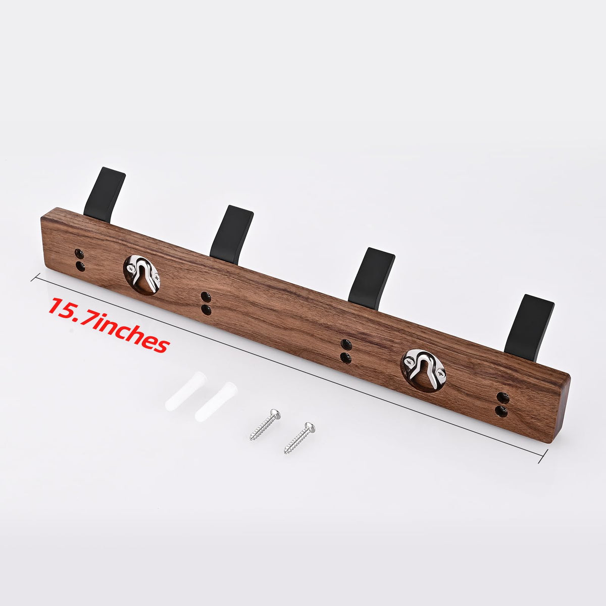 Jadorn walnut wood wall rack with black aluminum hooks for durable hanging.