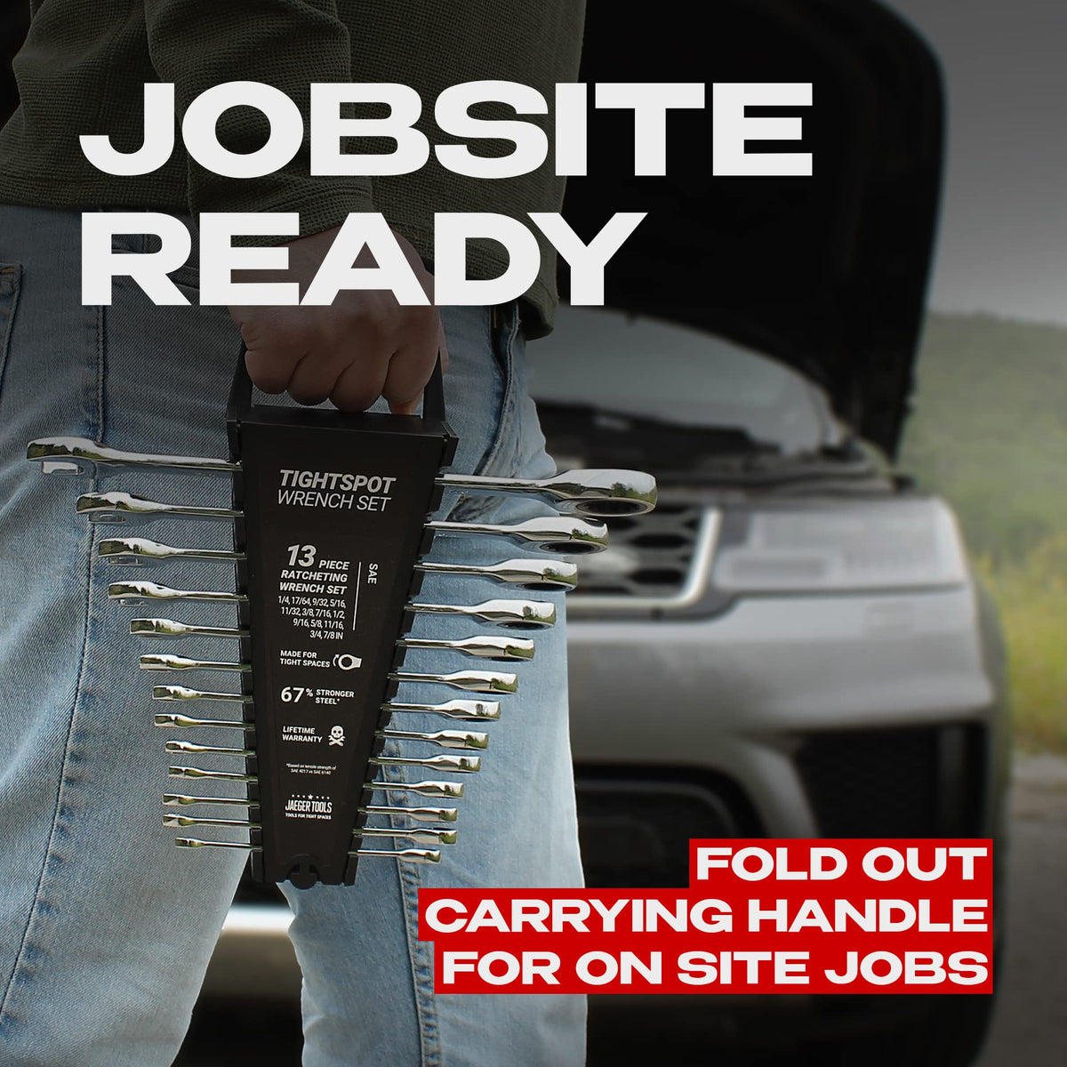 Jaeger wrench in cramped space demonstrates 4-degree ratchet flexibility.