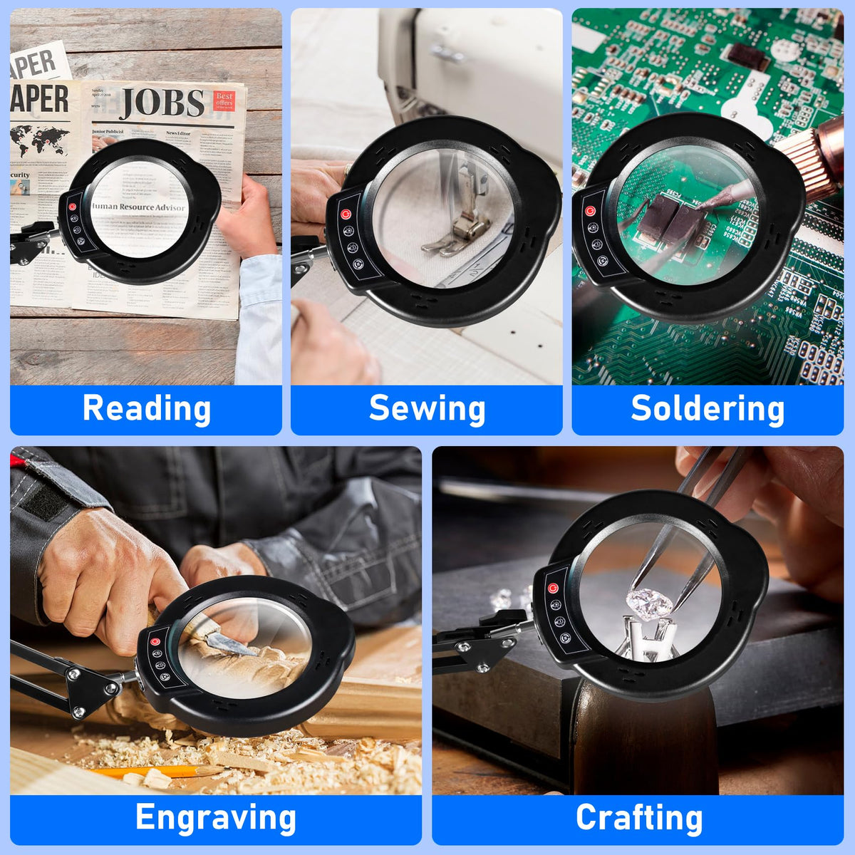 Jaenmsa magnifying lamp in use for reading and precision work