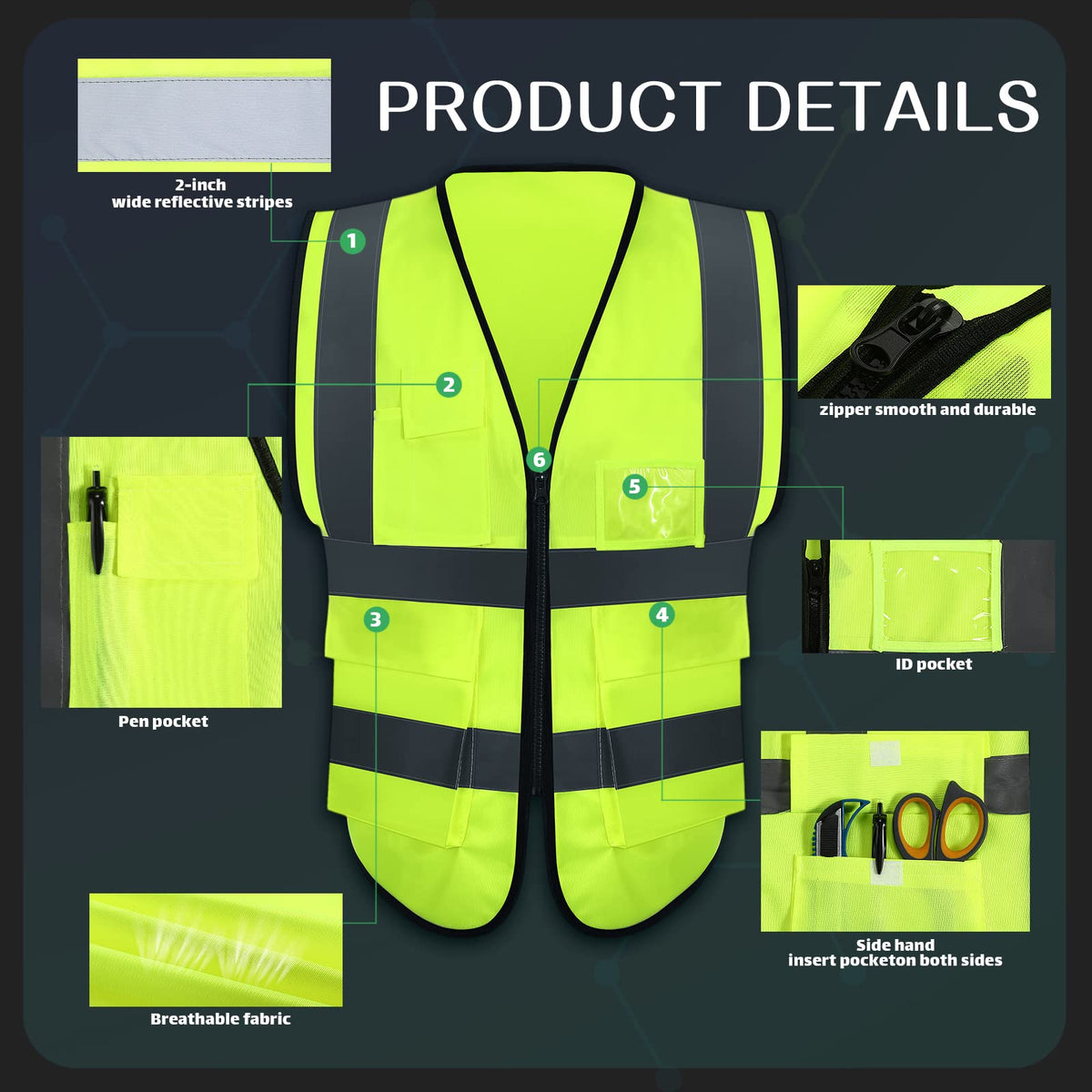 JaGely vest pockets closeup shows multiple compartments for tools and IDs.