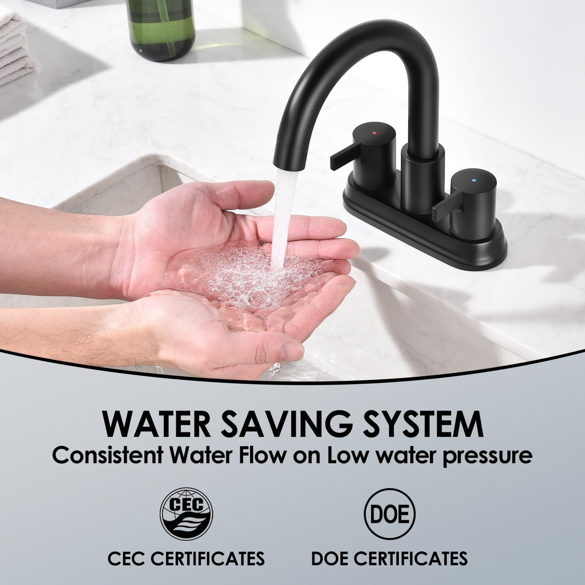 Close-up of JAKARDA faucet showing durable matte black finish.