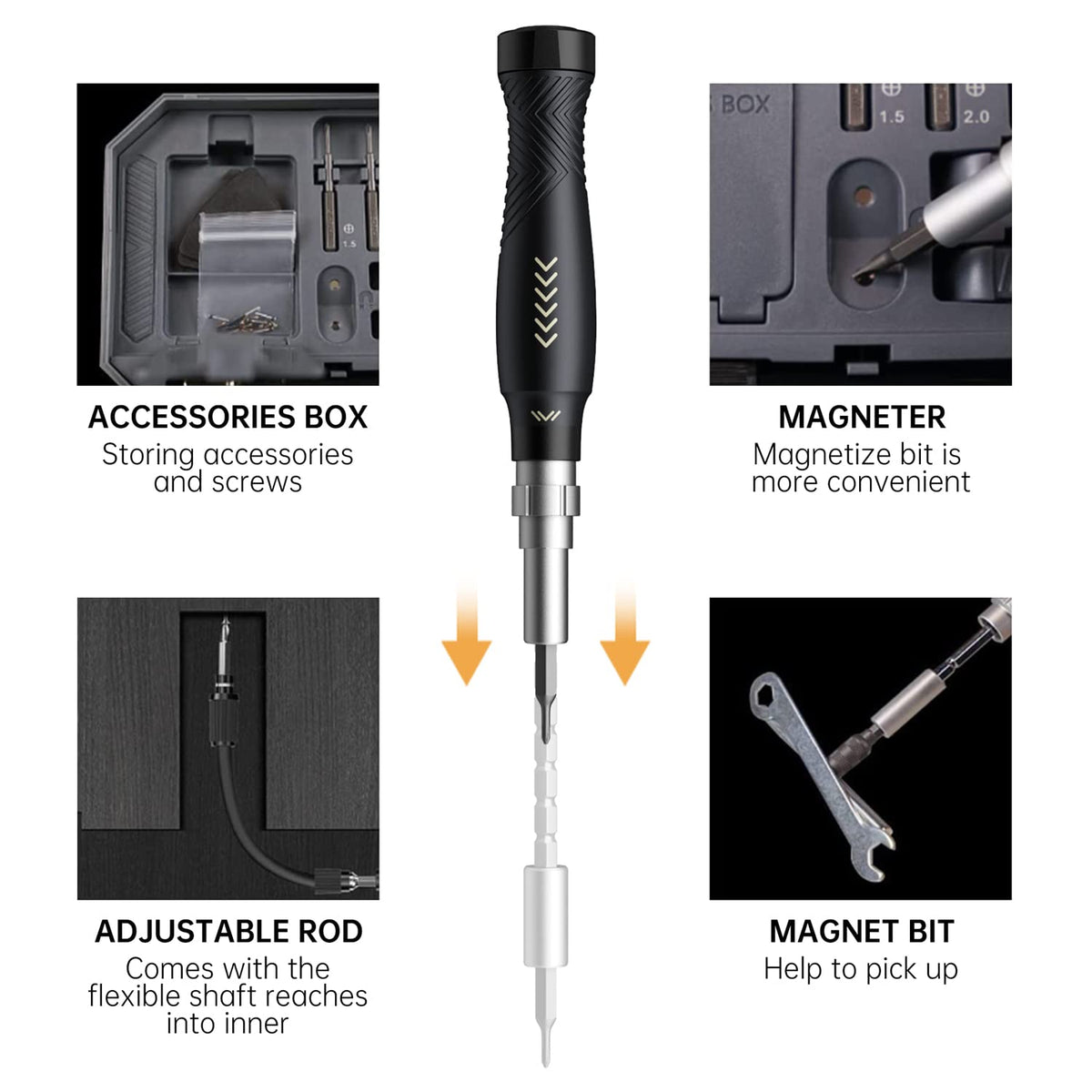 Flexible shaft reaches tight spaces in laptops and devices.