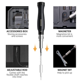 Flexible shaft reaches tight spaces in laptops and devices.