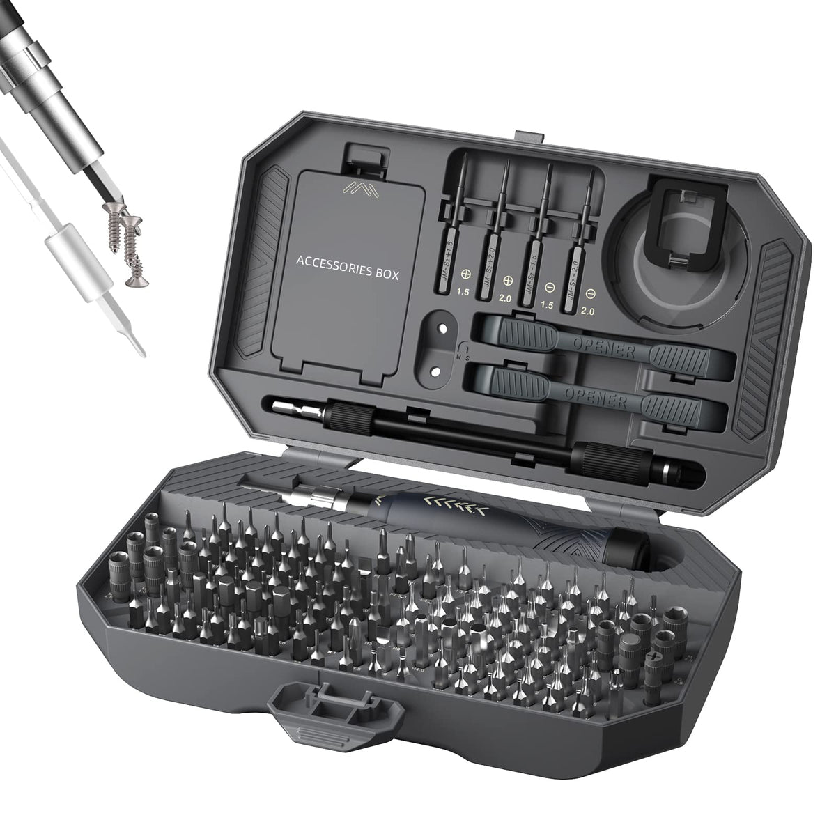 JAKEMY 164-in-1 screwdriver kit with magnetic bits for easy screw pickup.