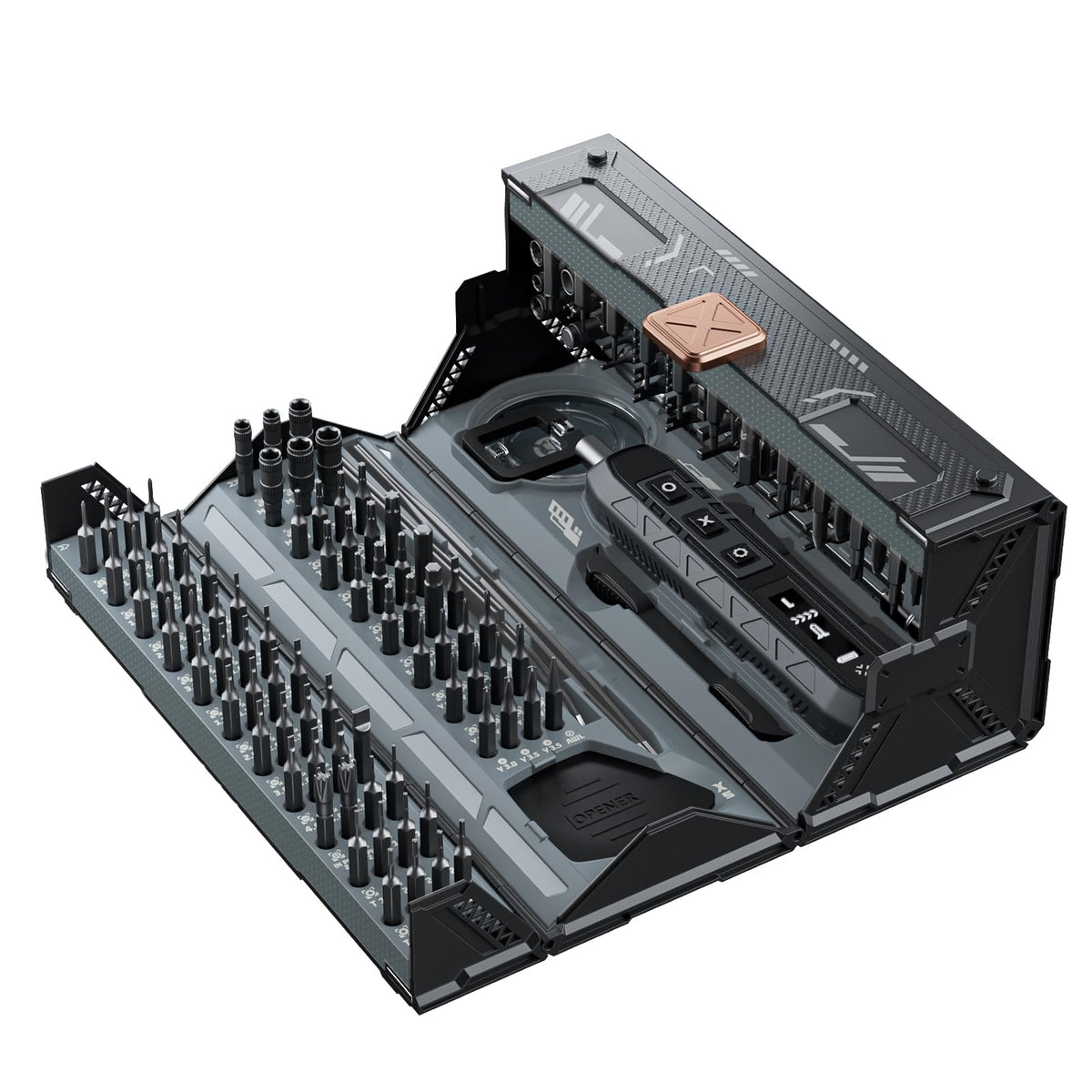 JAKEMY small electric screwdriver kit, top view, ideal for precise electronics repairs.