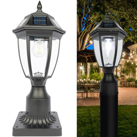Jalarox solar post light with dusk-to-dawn sensor for energy-saving outdoor illumination.