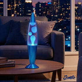 JAMBO magma motion lamp casts soft blue glow across living spaces