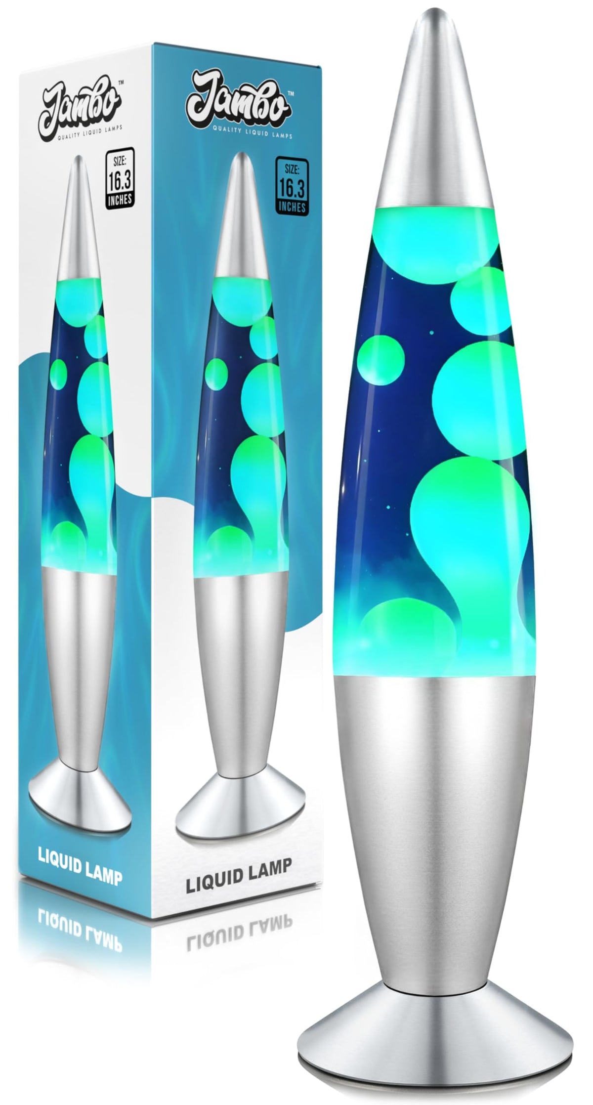 JAMBO 16-inch Blue lamp with yellow-green wax, front view, mood lighting.