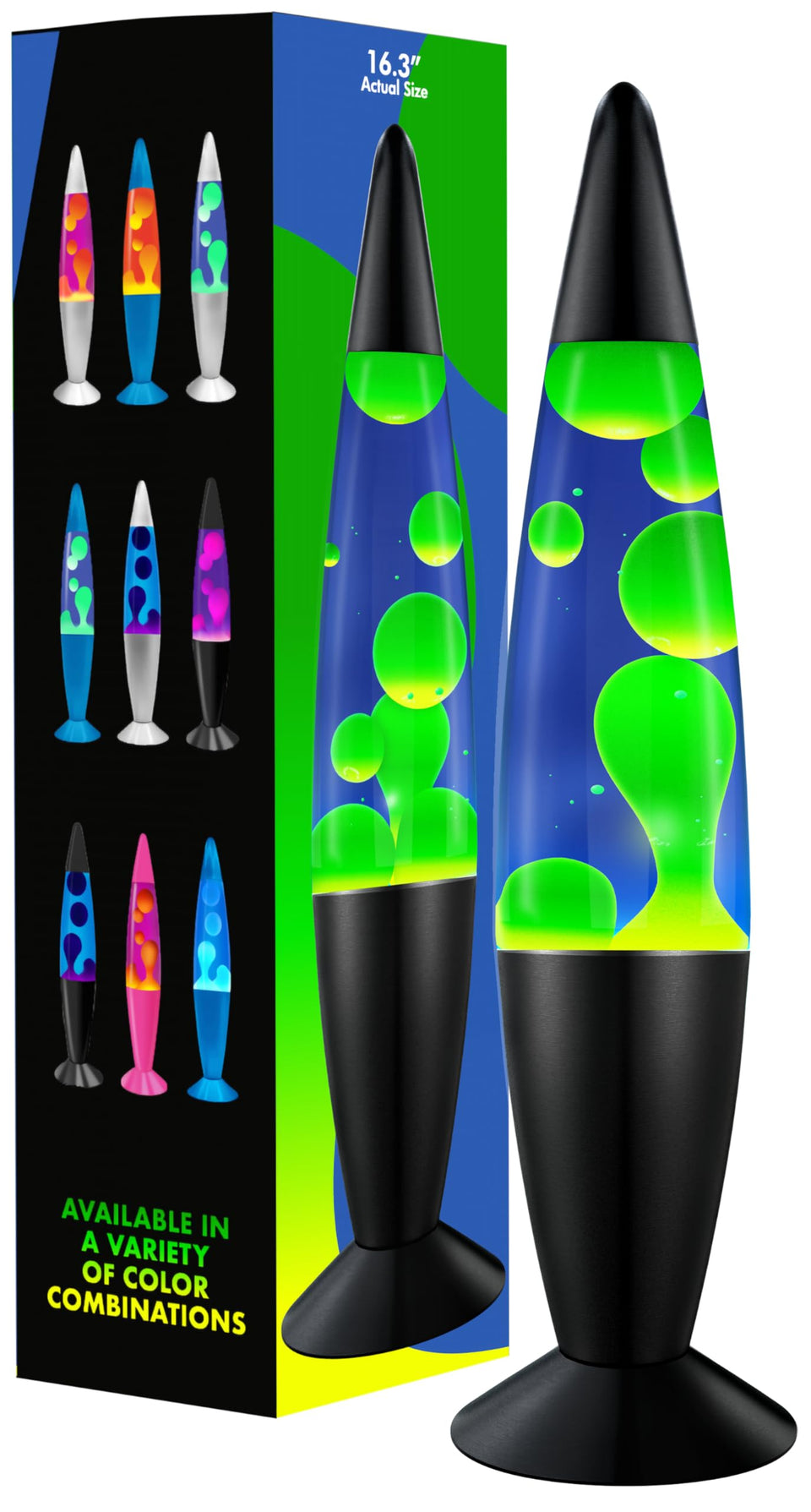 JAMBO liquid lamp in blue with yellow-green wax motion for calming ambient light.