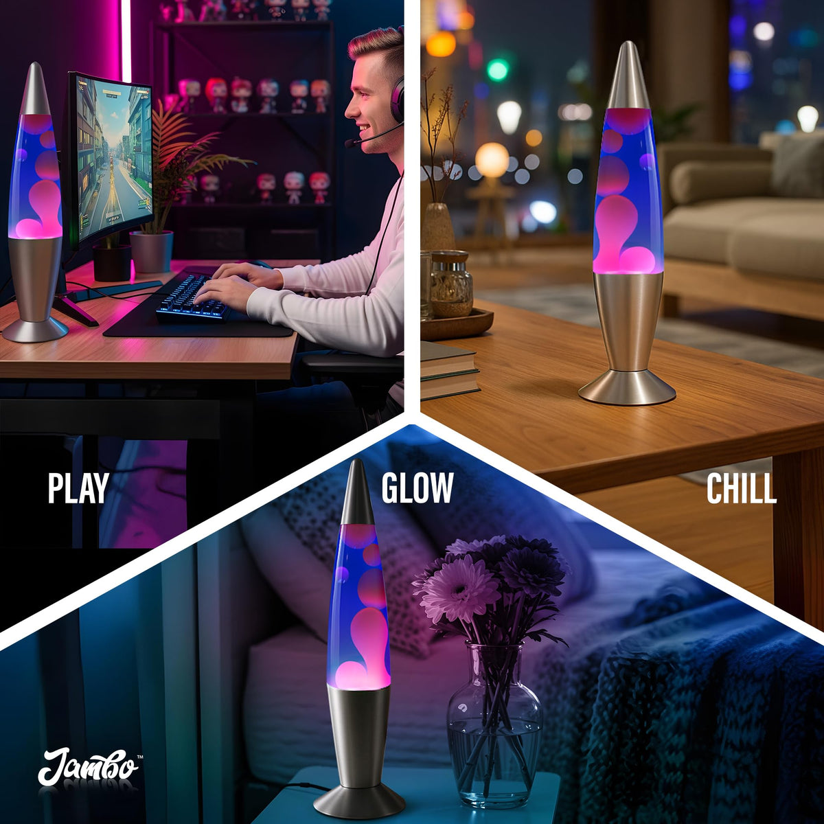 JAMBO liquid lamp room decor enhances shelves or desks.