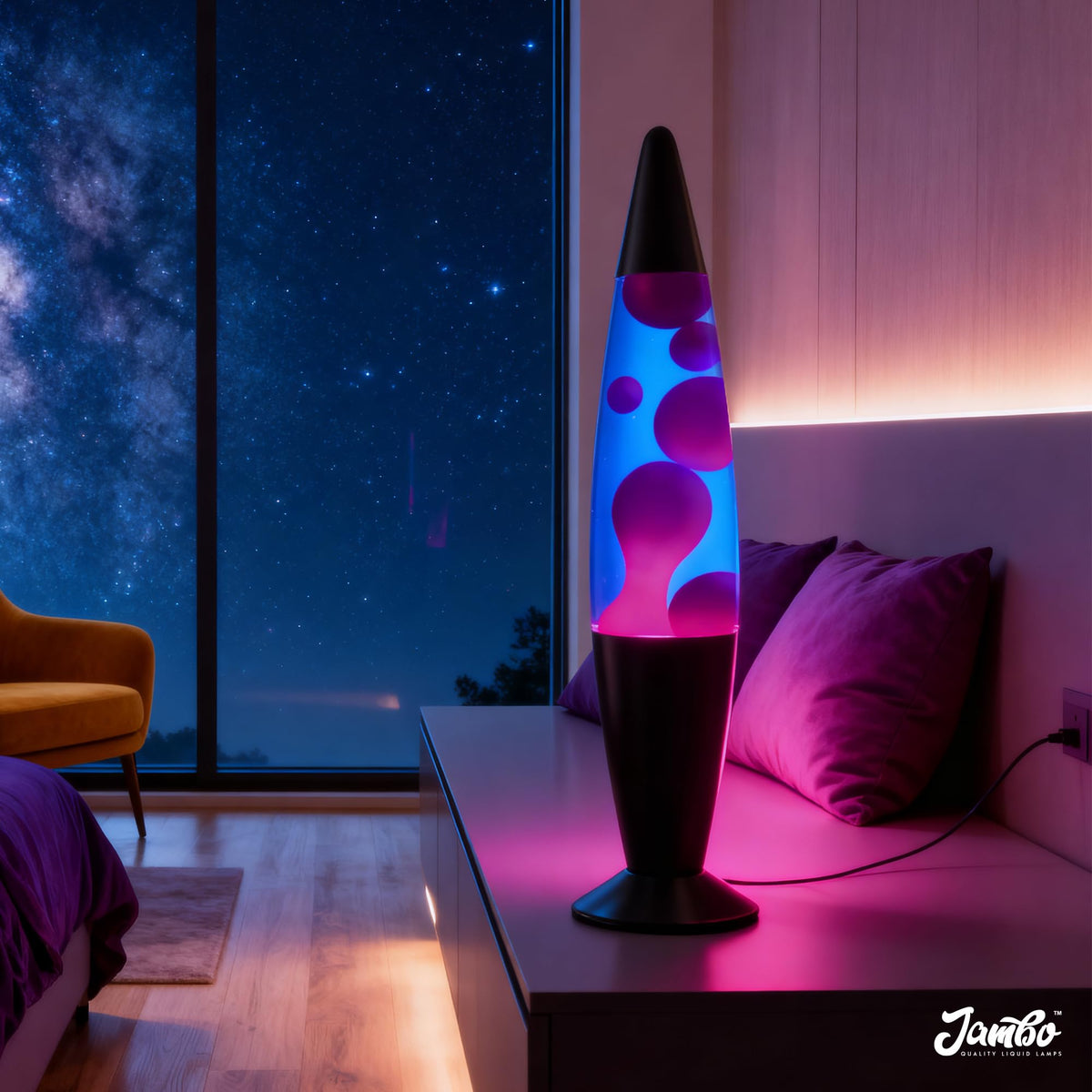 JAMBO liquid motion lamp blue base showcases hypnotic wax flow for relaxation