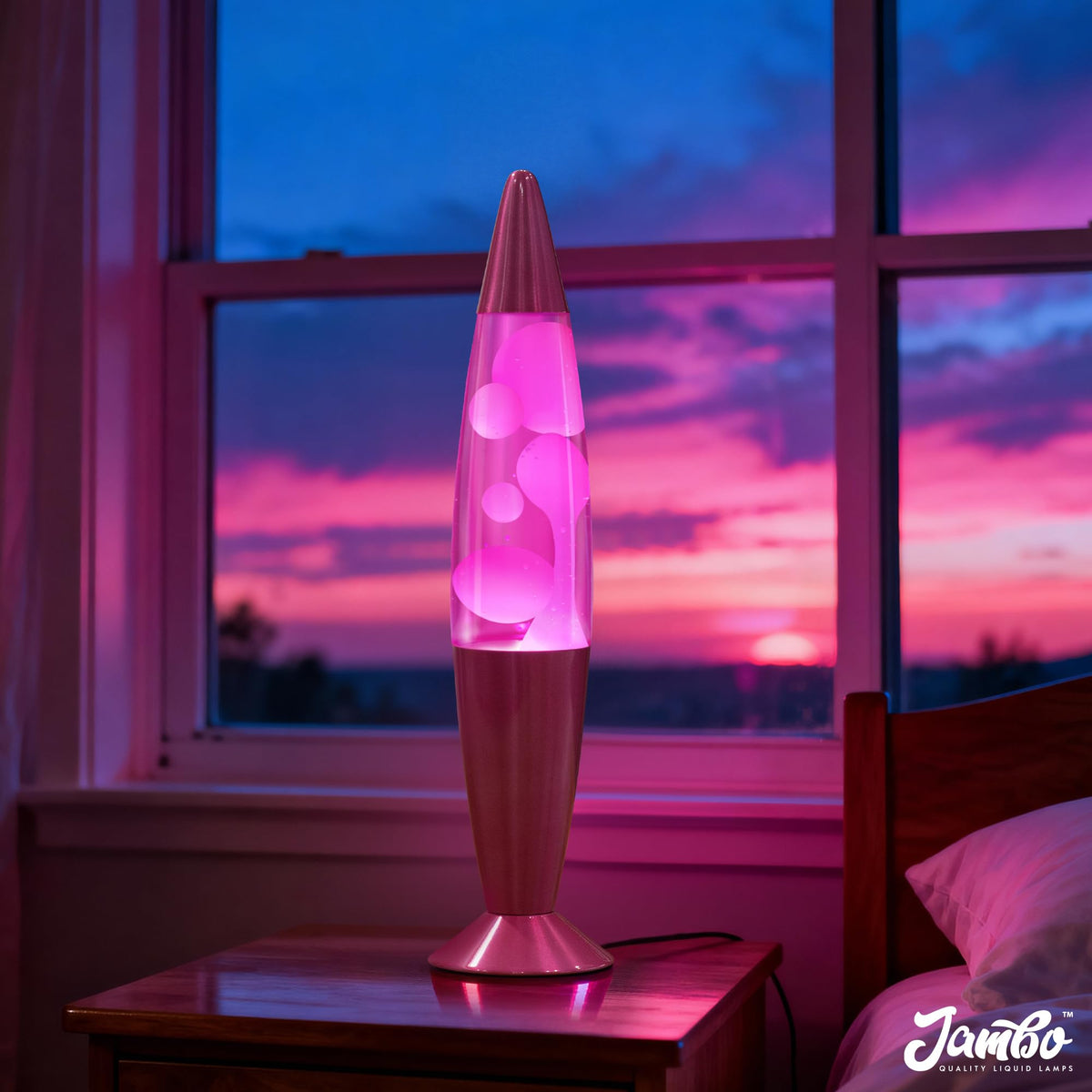 JAMBO magma motion lamp closeup showing pink wax rising and falling.