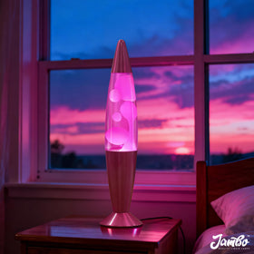 JAMBO magma motion lamp closeup showing pink wax rising and falling.