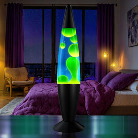 JAMBO sixteen-inch lamp with black base displays mesmerizing blue wax movement.