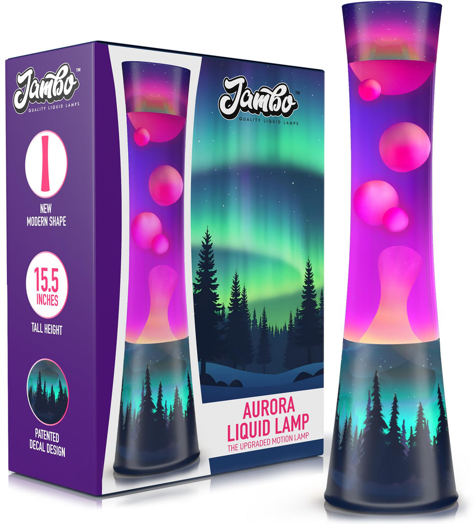 JAMBO upgraded motion lamp with Aurora decal close-up showing flowing wax for calming ambiance