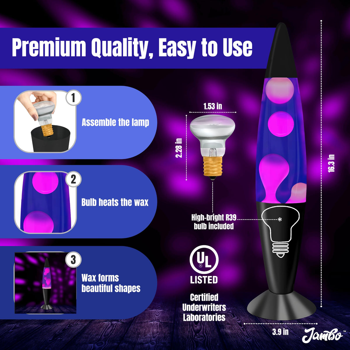 JAMBO liquid lamp emits calming light with hypnotic wax flow.