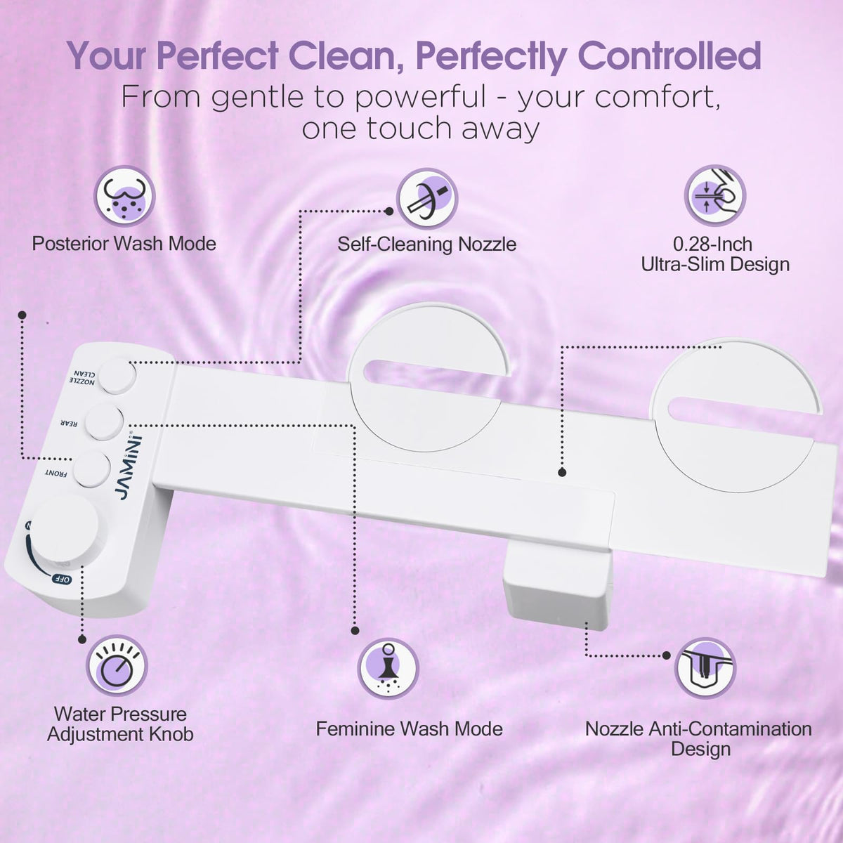 Jamini Ultra-Slim Bidet self-cleaning nozzle for lasting hygiene.