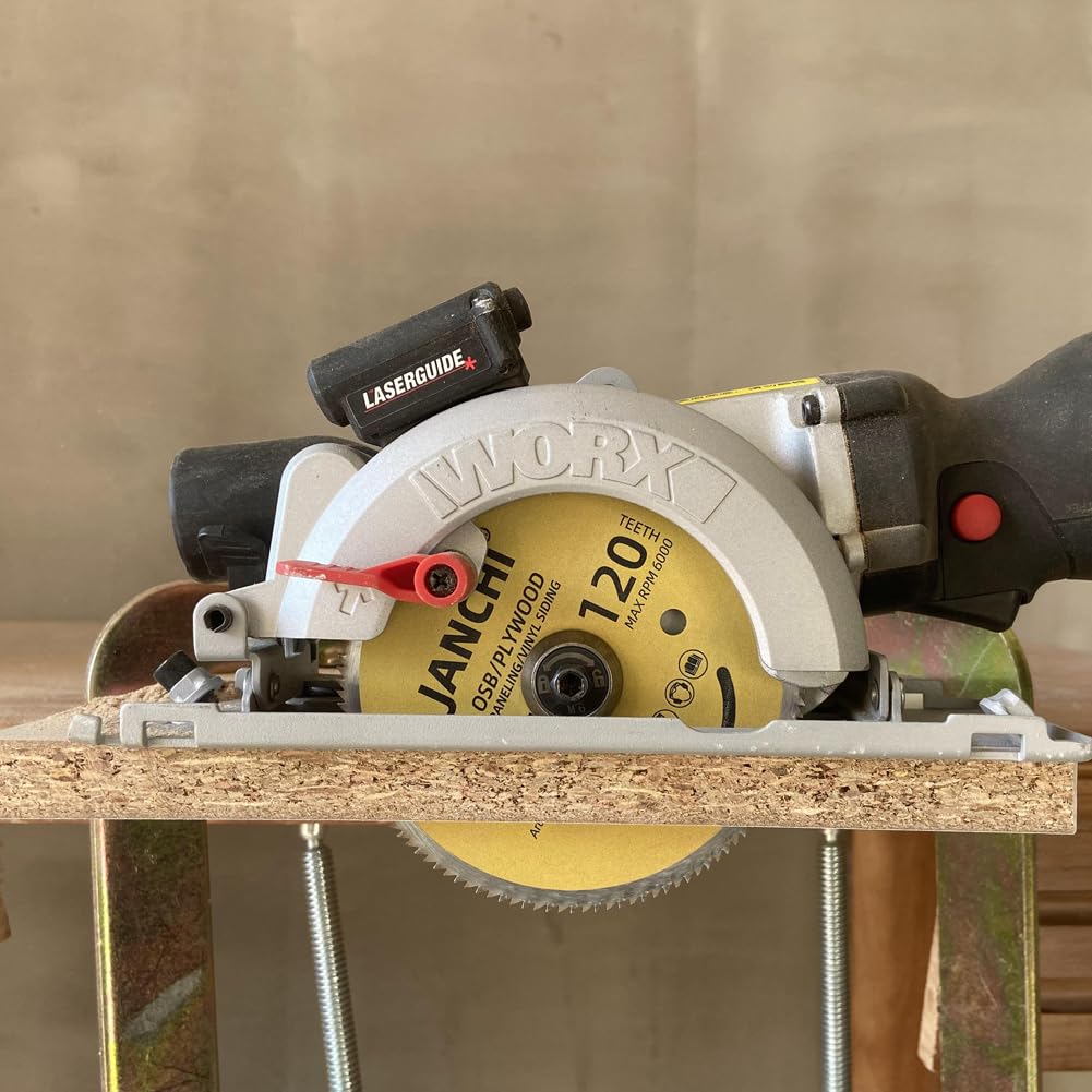 Janchi 4-1-2-inch 120T blade cutting plywood with clean edges.