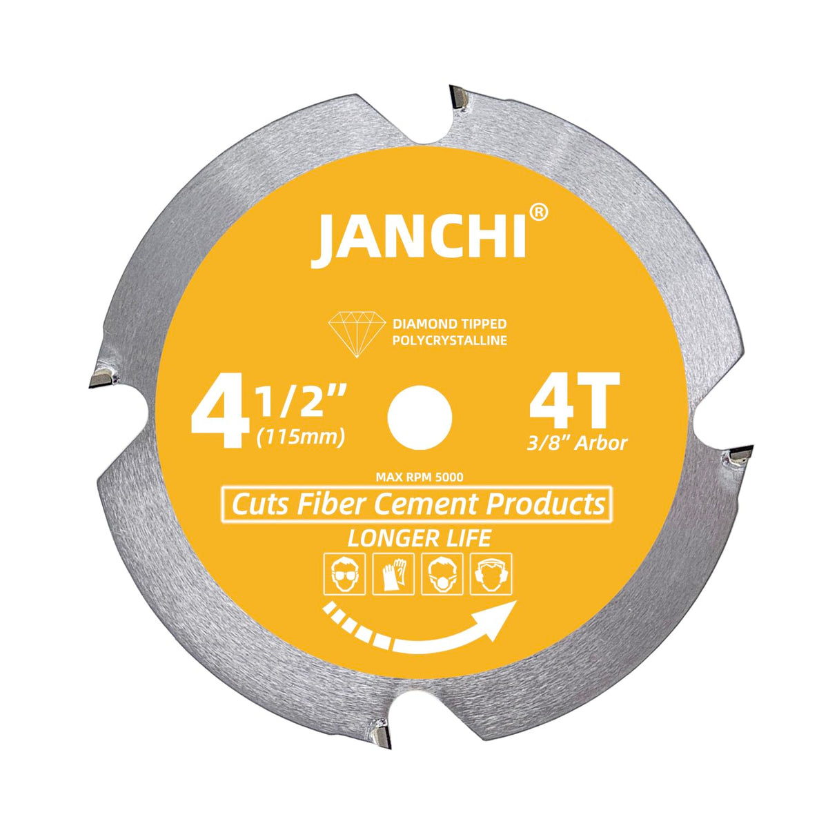 Janchi 4-1/2 inch PCD tip blade teeth for fiber cement cutting with precision and dust reduction.