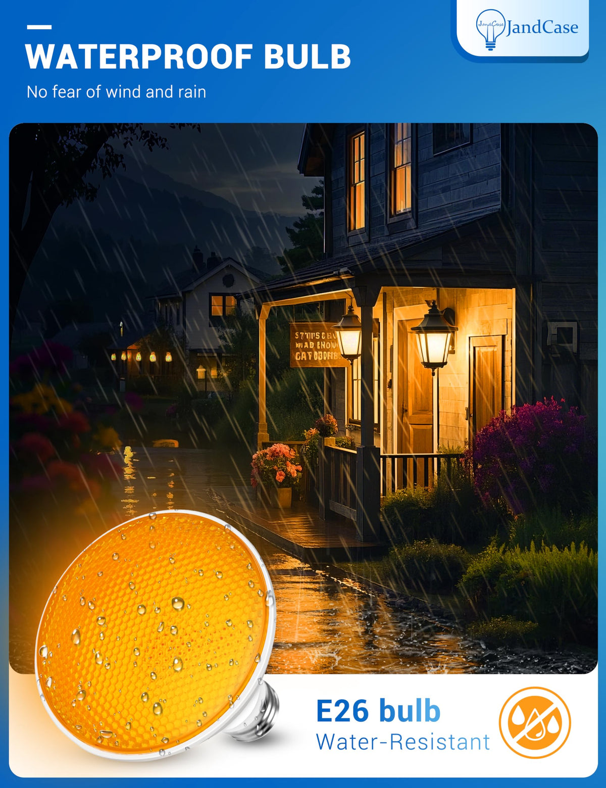 JandCase IP54 outdoor yellow bug light withstands weather conditions.