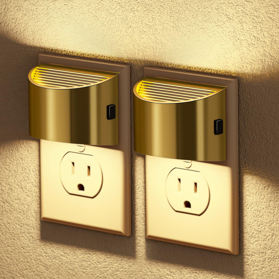 JandCase LED night light 2-pack in gold adds modern style to any outlet.
