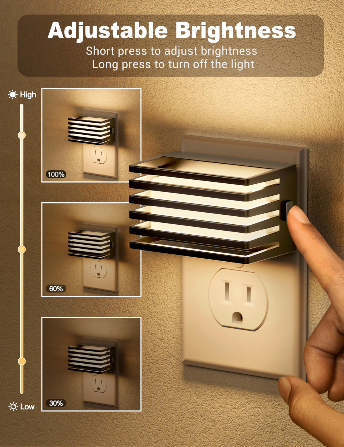 JandCase plug-in night light with adjustable brightness for a cozy bedroom.