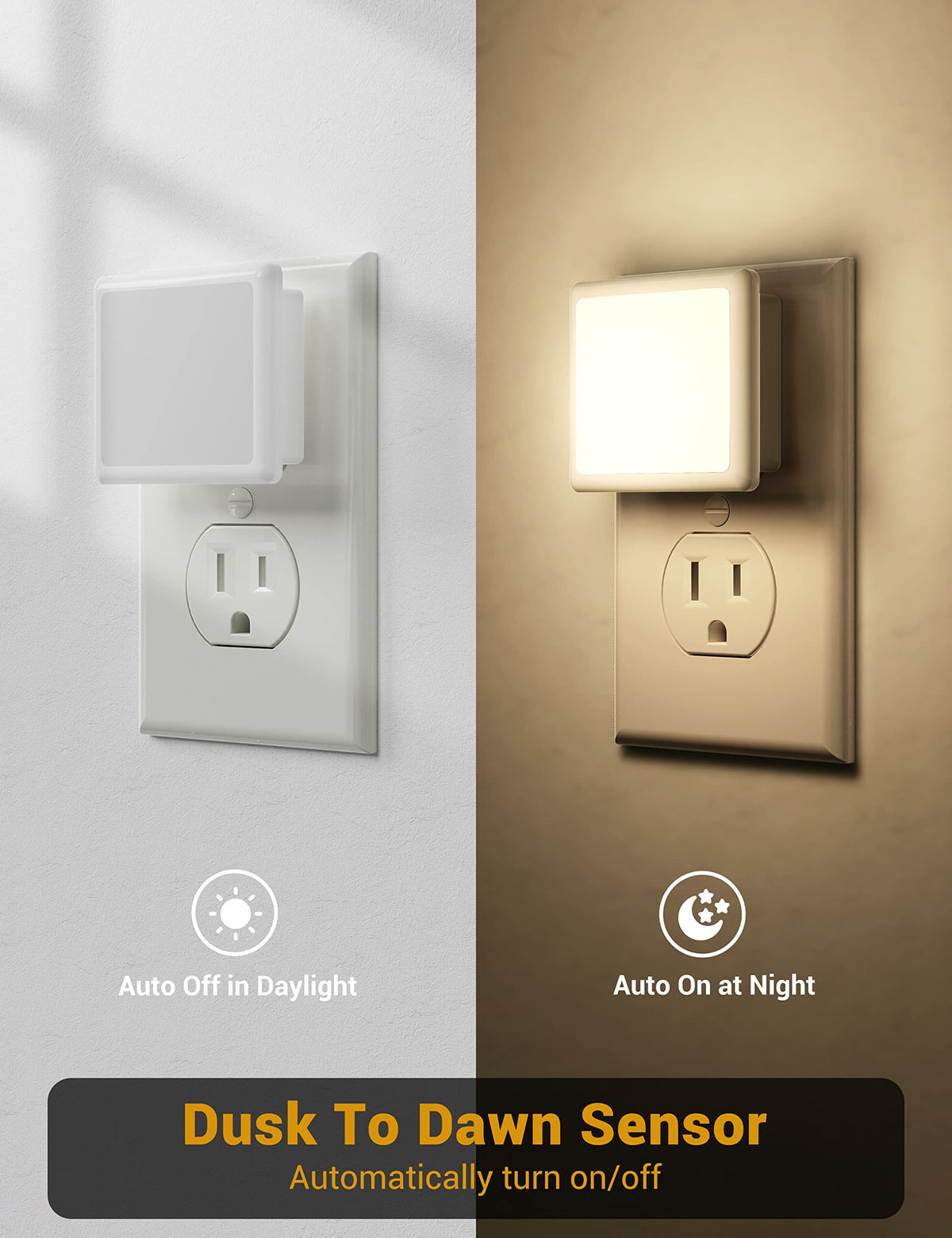 JandCase night light with outlet-friendly design fits beside other plugs
