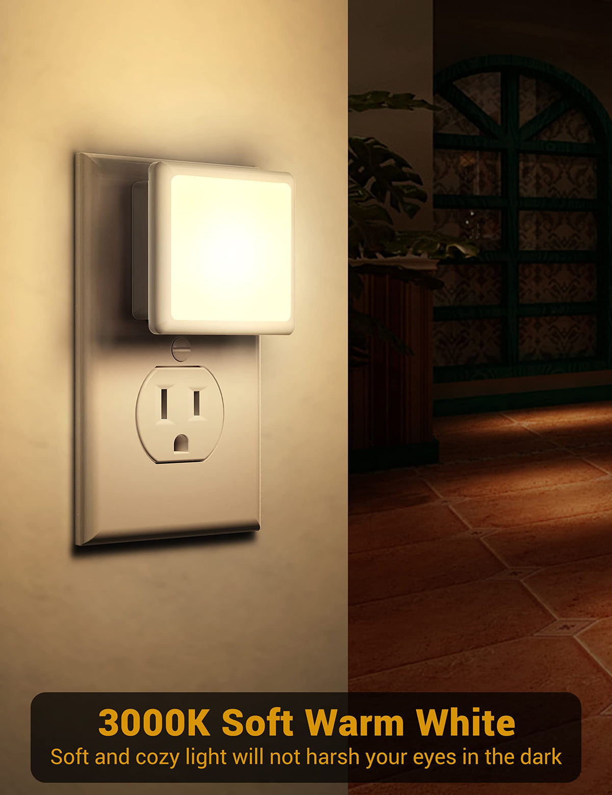 JandCase night light illuminating kitchen, bathroom, and hallway areas