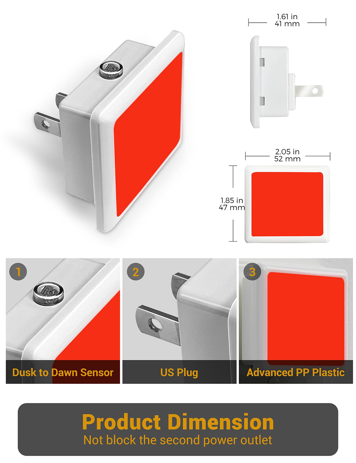JandCase red night light compact plug-in fits tight spaces without blocking outlets.