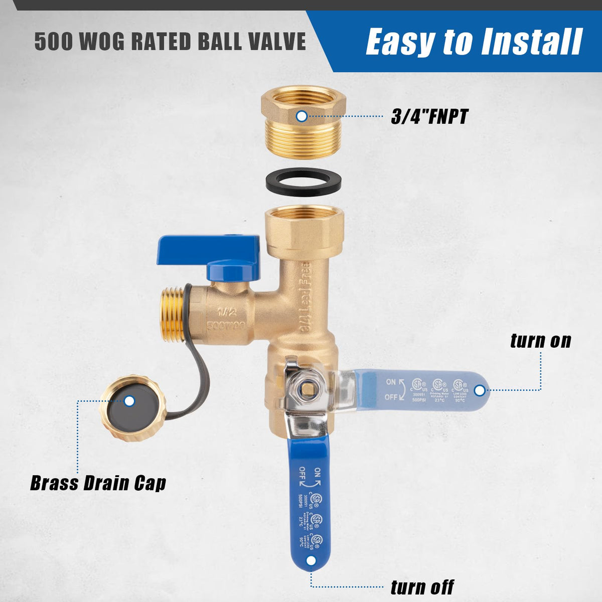 Closeup of brass construction emphasizes longevity under daily water heater use.