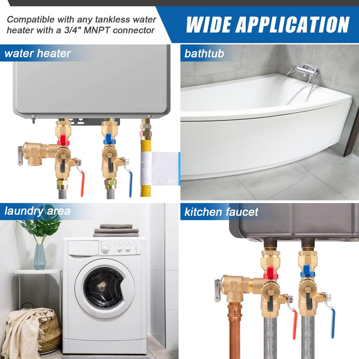 Red and blue handles display easy valve identification during maintenance.