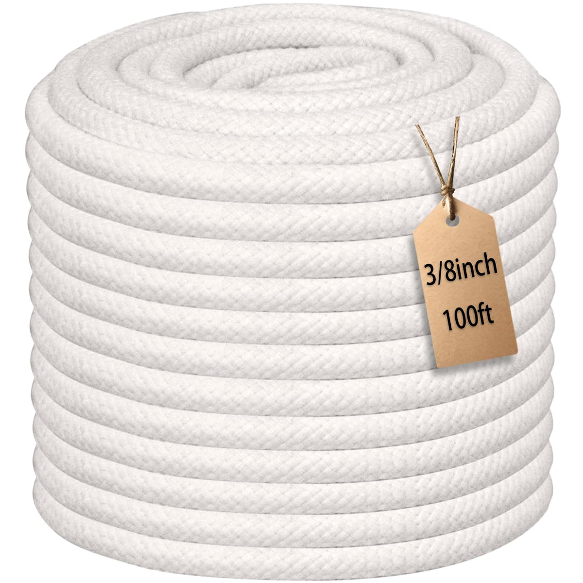 JANJOSN 100 ft braided cotton rope, soft beige finish, perfect for clotheslines and decor.