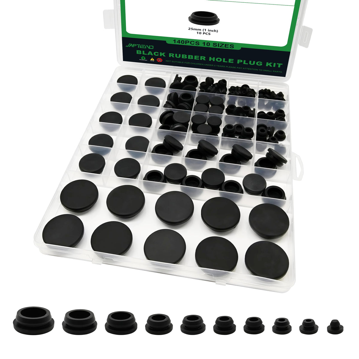 Japtend 140-piece black rubber plug kit with 10 sizes for universal hole sealing.