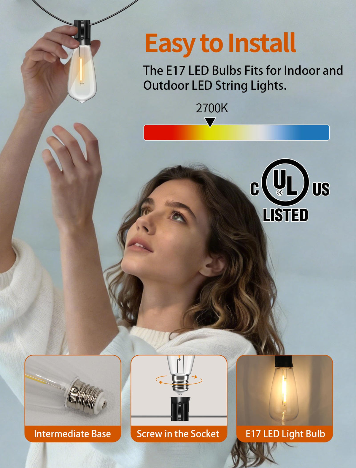Jasneniebo dimmable E17 LED bulb with 2700K warm white glow for ambience.