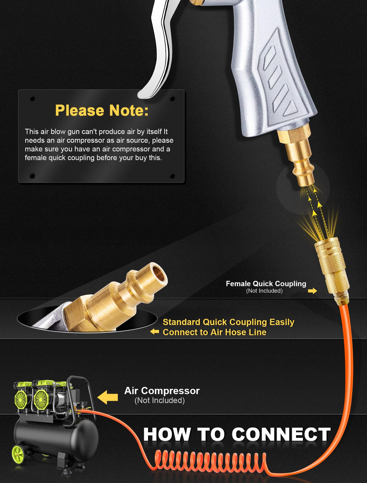 1/4-inch quick plug on the JASTIND blow gun for fast compressor connection