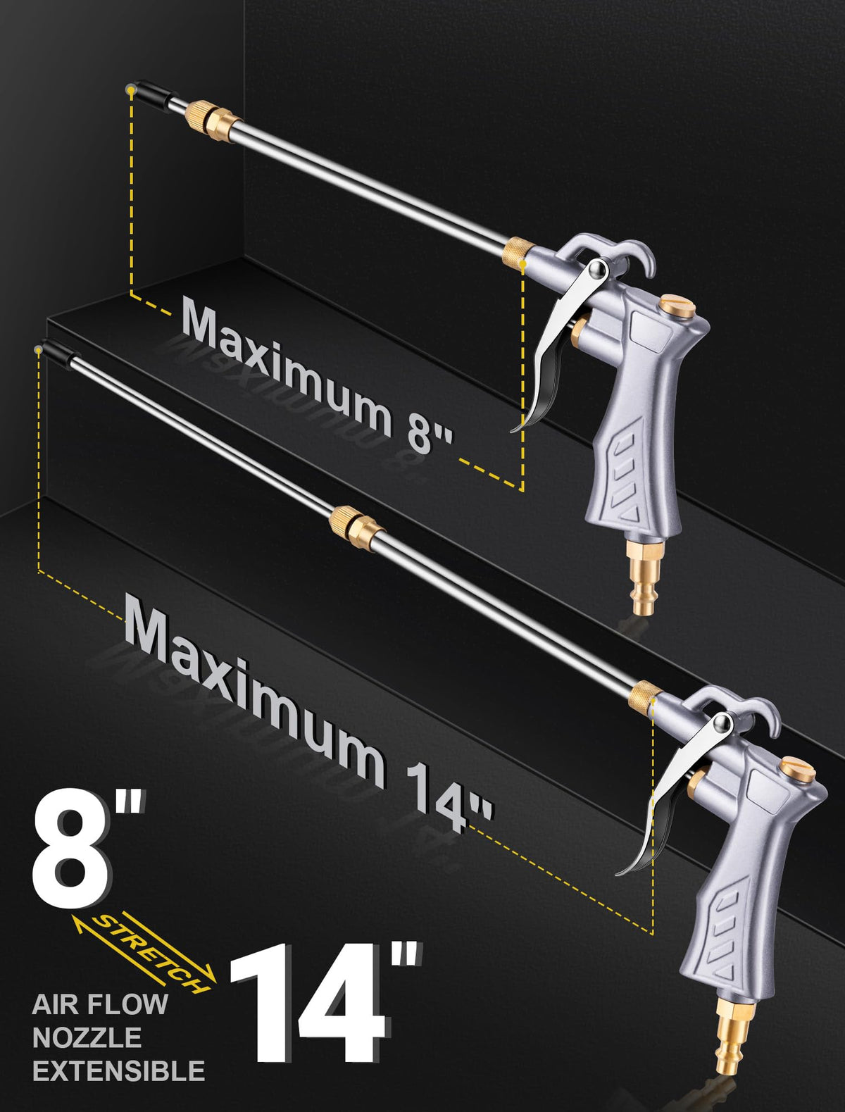 Two stainless steel extensions provide deep, straight airflow for hard-to-reach areas