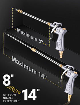 Two stainless steel extensions provide deep, straight airflow for hard-to-reach areas