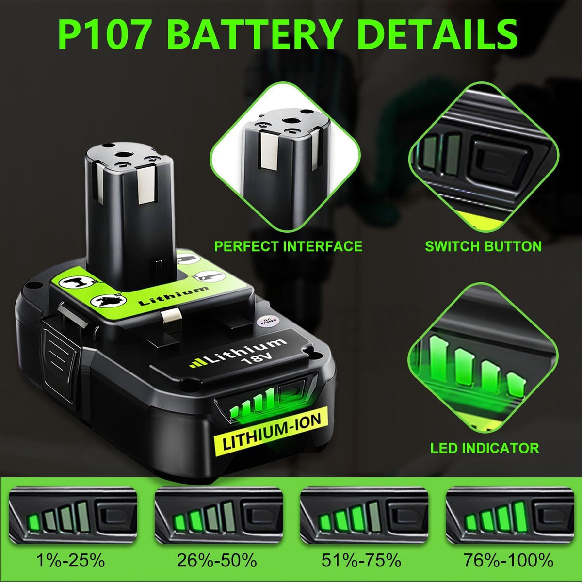JAUKIST battery compatible with Ryobi P102 P103 P104 P105 P107 P108 for wide tool compatibility.