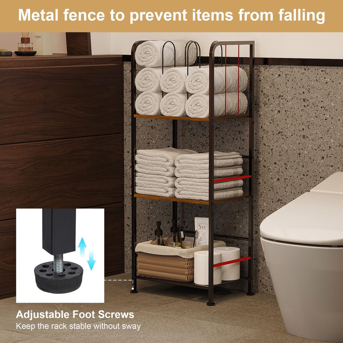 Jautokerdar 3-tier shelving holds towels and toiletries neatly.