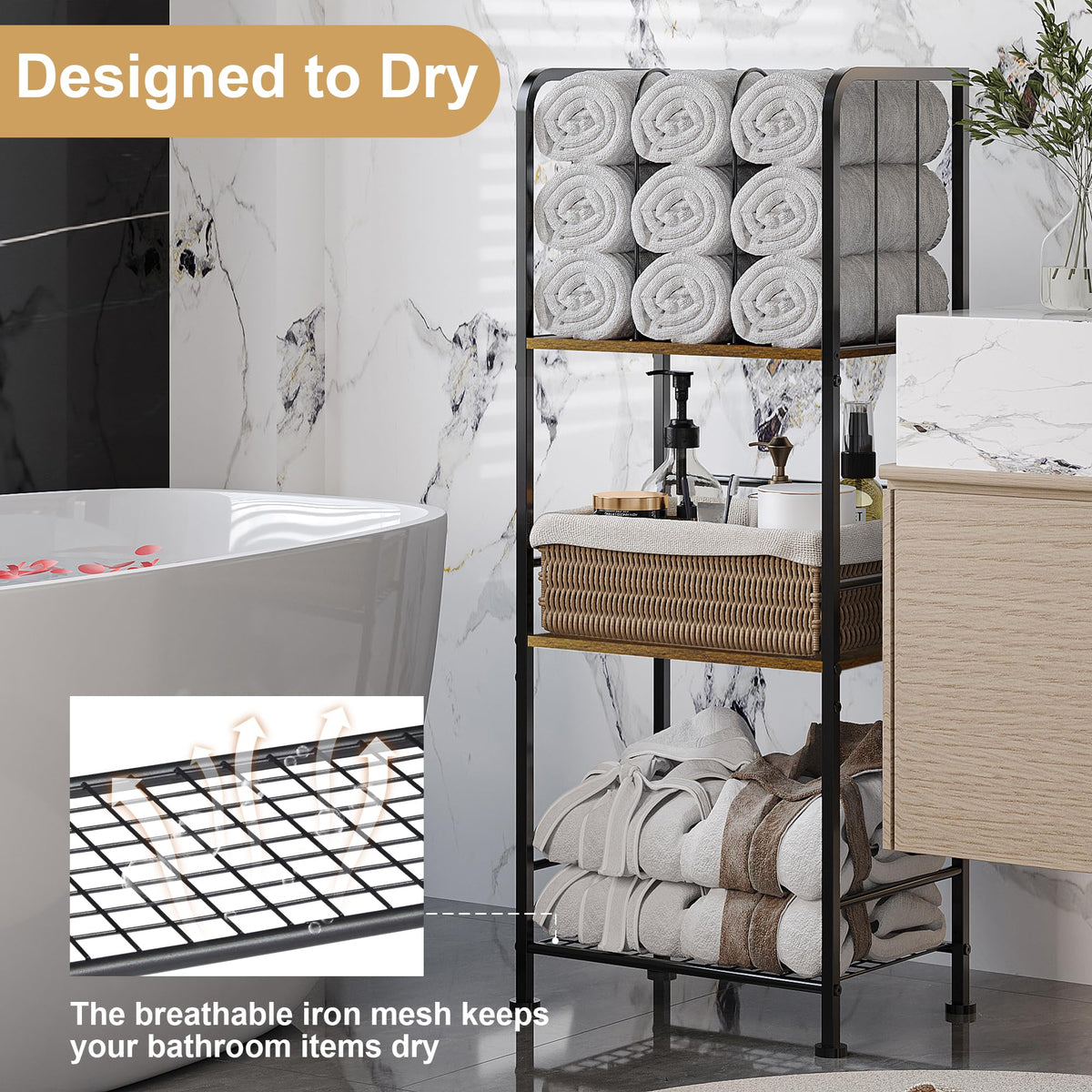 Jautokerdar iron frame provides sturdy, durable towel storage.