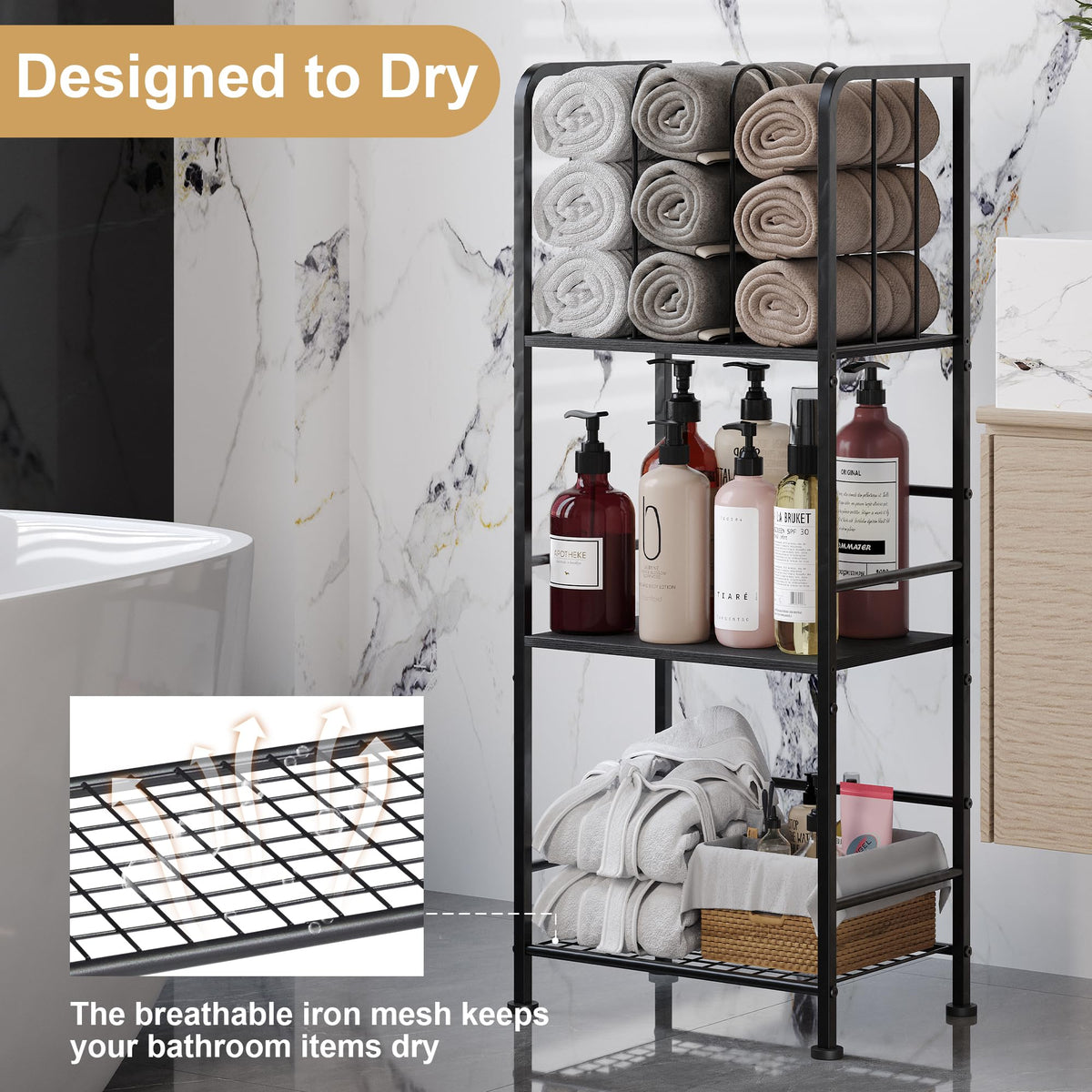Jautokerdar three-tier shelf stores towels, toiletries, and skincare essentials