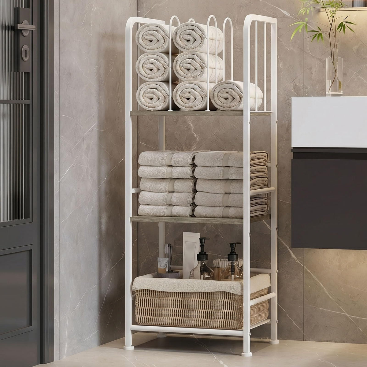Jautokerdar towel rack top shelf with U-shaped dividers for neat towels