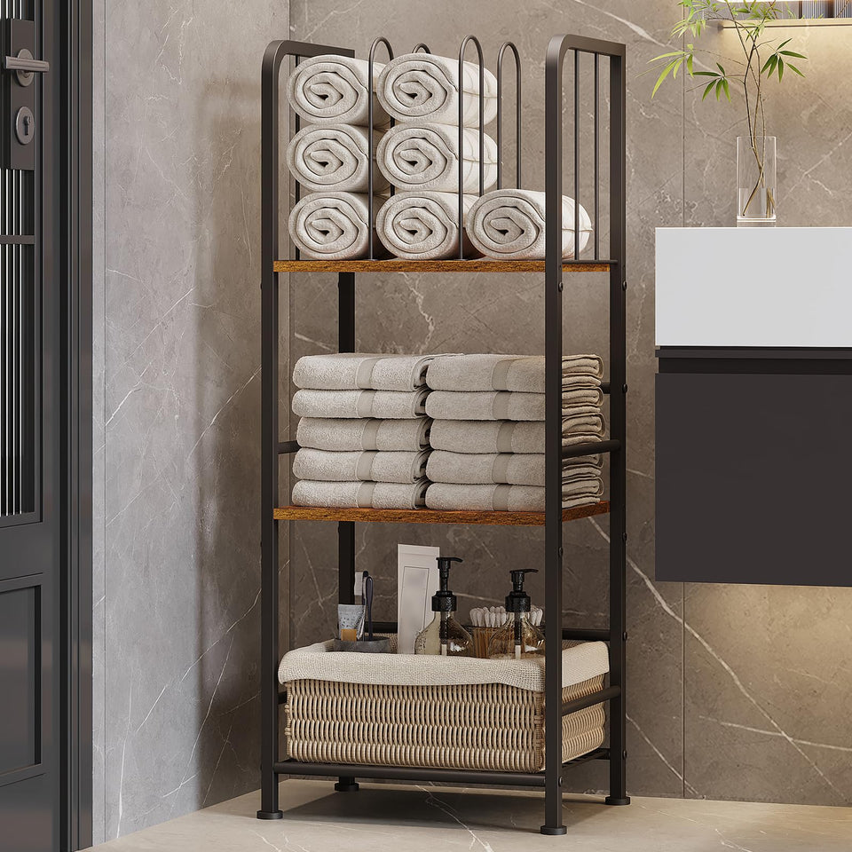 Jautokerdar towel rack top shelf keeps towels within reach and neatly rolled.