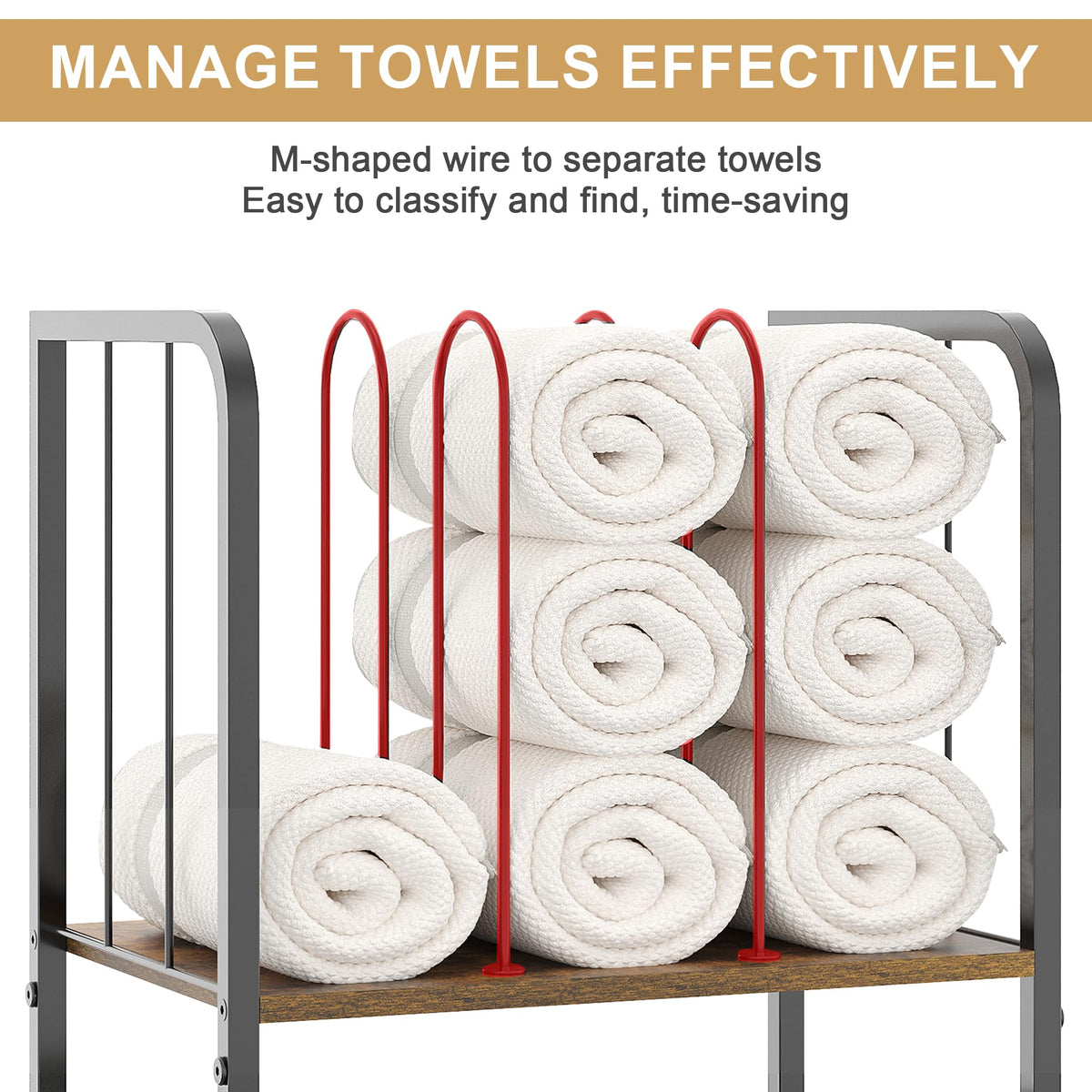 Jautokerdar towel rack with detachable U-shaped dividers for organized towels.