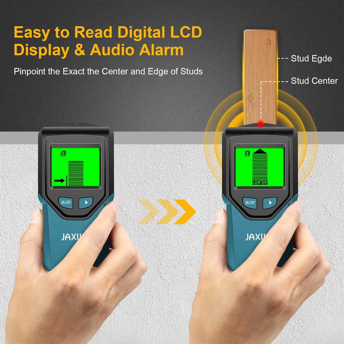 JAXWQ Stud Finder LCD display shows center and edge locations clearly.