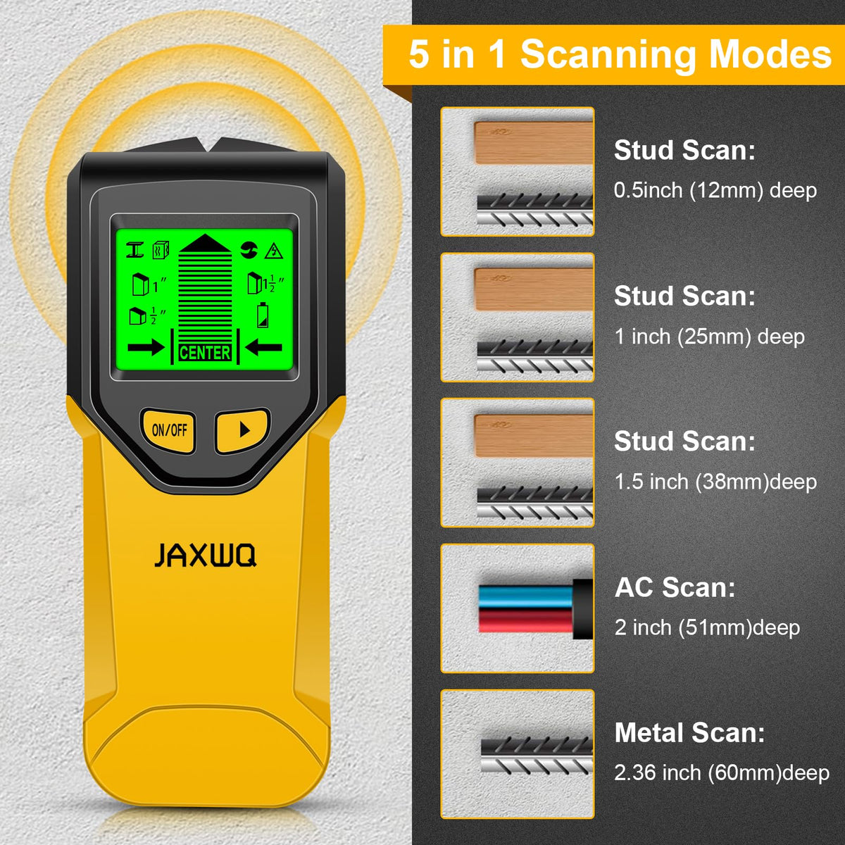 JAXWQ Stud Finder LCD display shows precise location