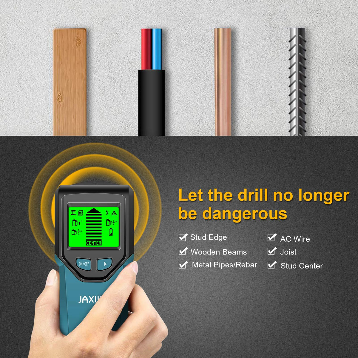 JAXWQ Stud Finder live-wire detection aids safer wall installations.