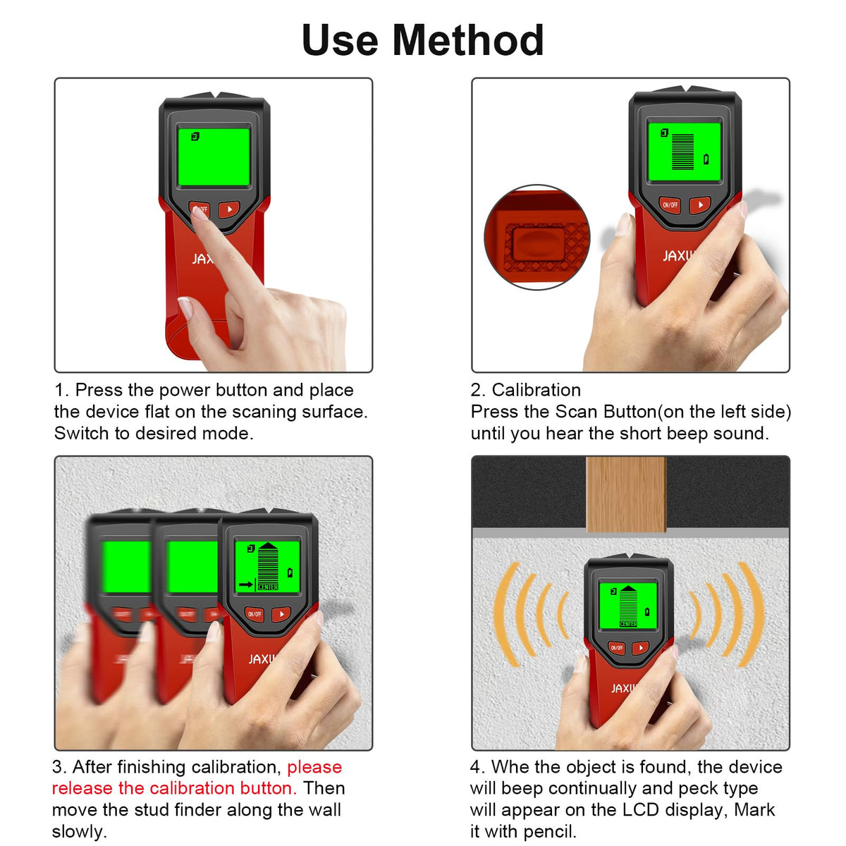JAXWQ Stud Finder wall scanner with backlit LCD works in low light.