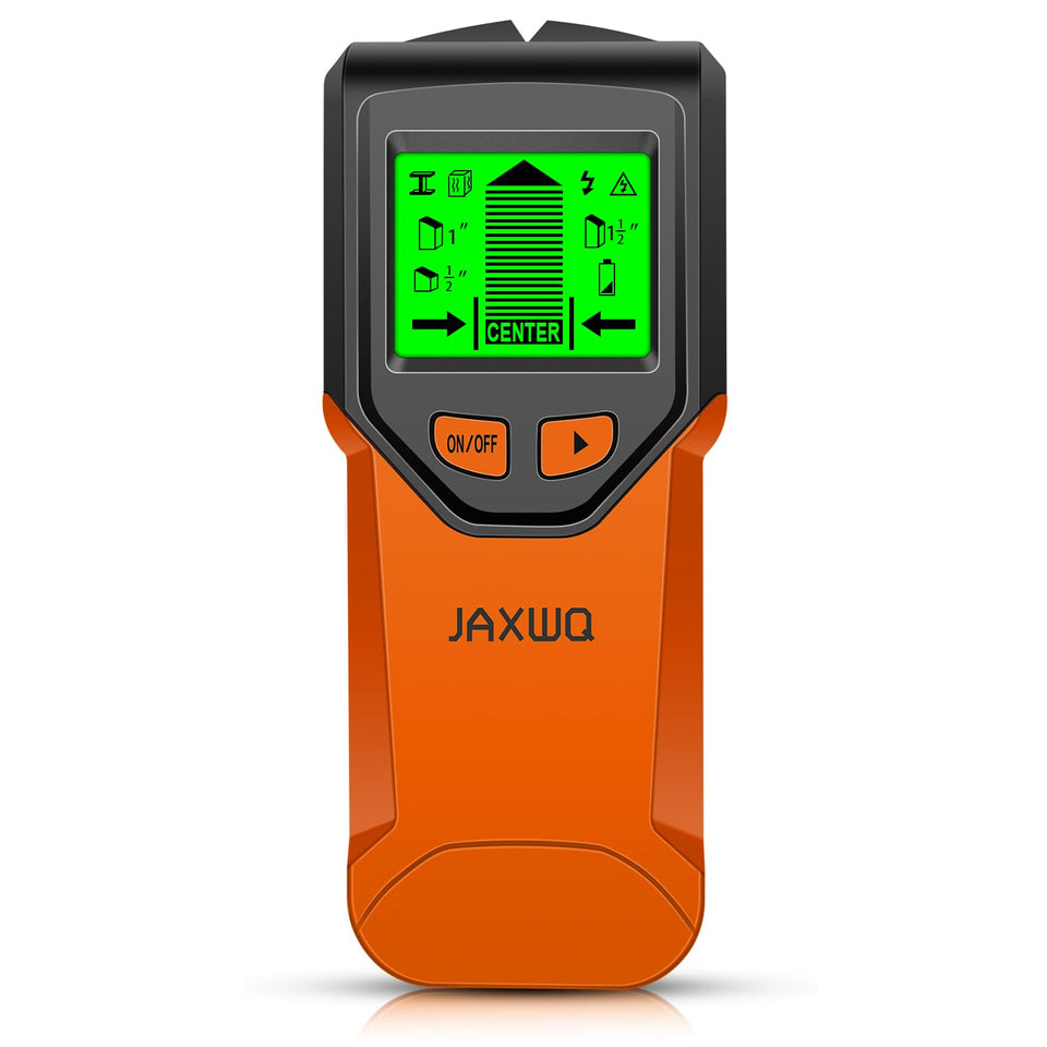 JAXWQ Stud Finder with HD LCD display locates studs quickly behind walls.